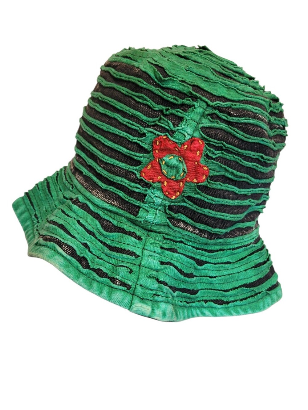 Boho Hippie Distressed Bucket Hat Cotton Made In Nepal Green Black Flowers
